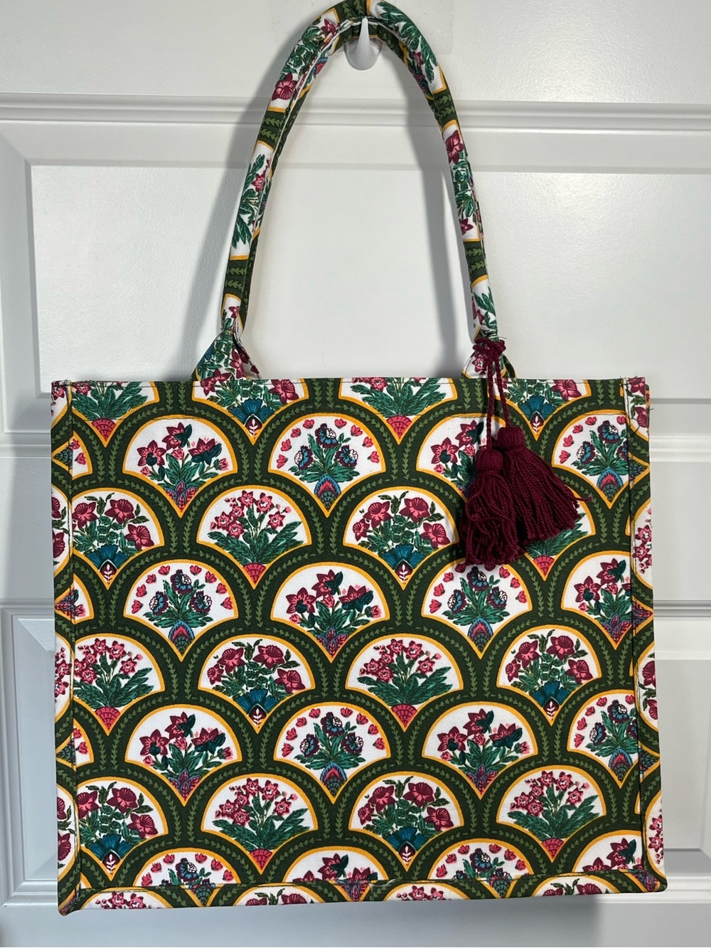 Large Floral Canvas Tote Bag Block Print Burgundy Tassels Heavy Duty